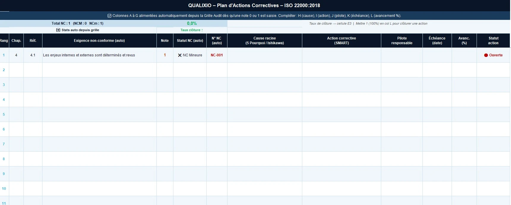 Aperçu du document de qualité : Grille d’audit interne ISO 22000:2018 — Excel avec HACCP, PRP, traçabilité et plan d’actions automatisé - Page 3