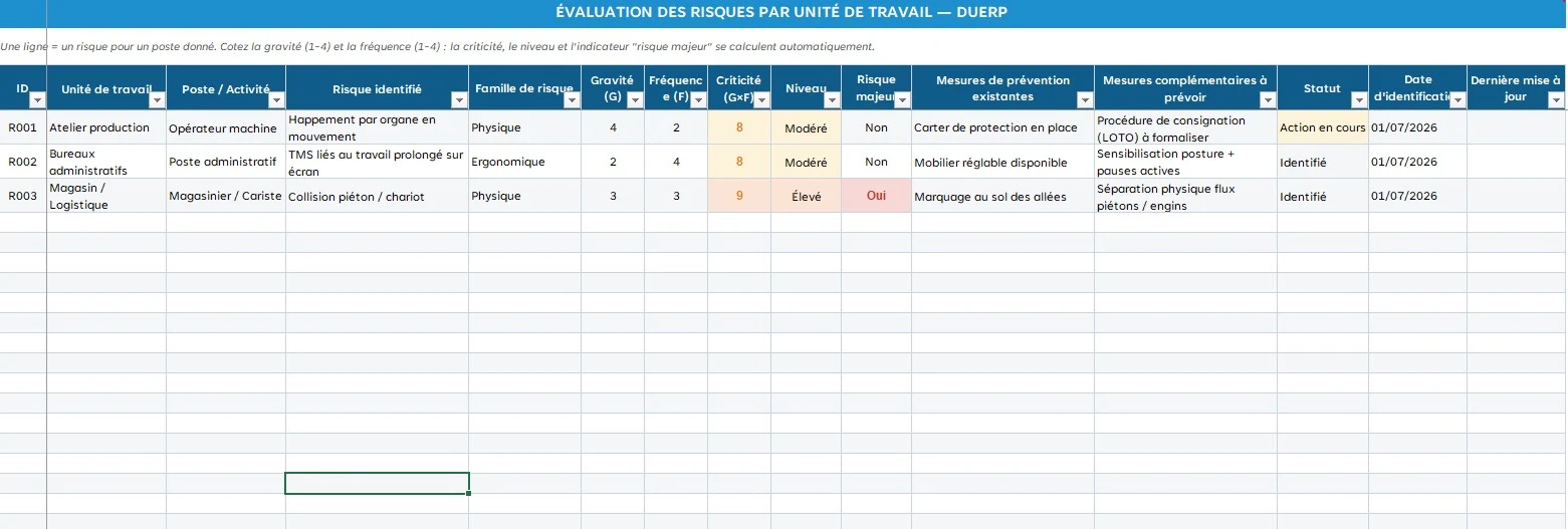 Aperçu du document de qualité : Modèle DUERP Excel Gratuit : Analyse des risques, KPI et plan d'actions. - Page 3