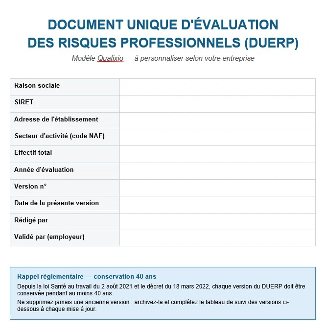 Aperçu du document de qualité : Dossier DUERP Word Gratuit : Template prêt à remplir - Page 1